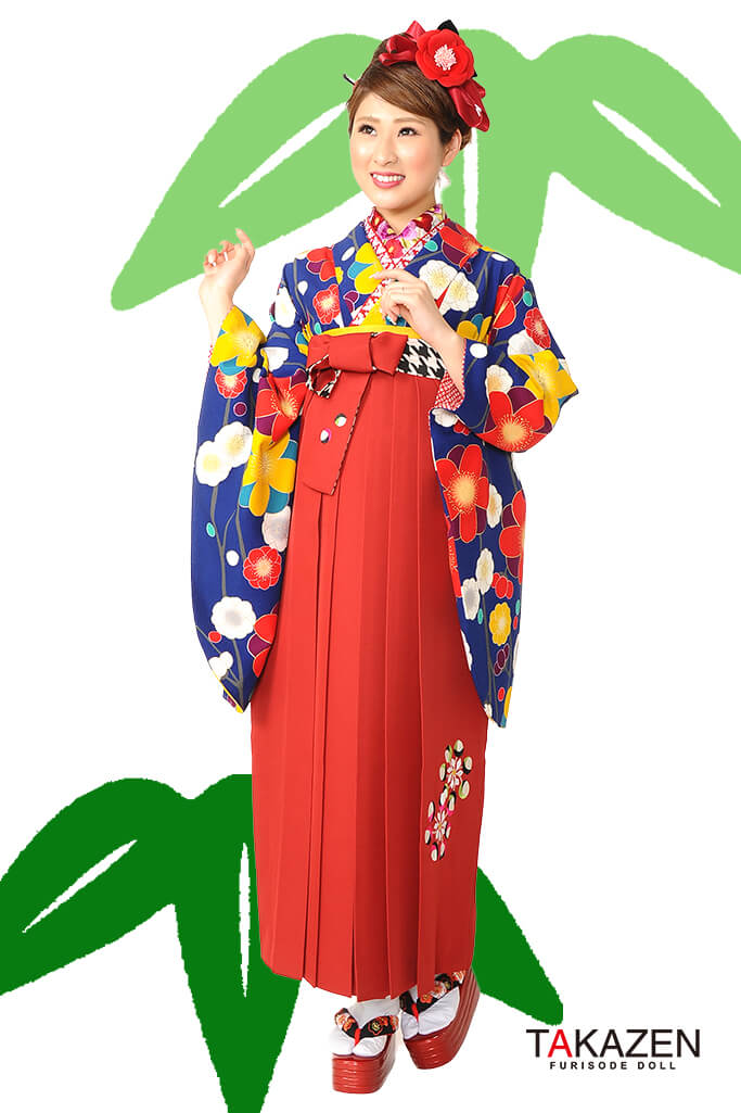 TAKAZENのレンタル袴 人気個性的レトロモダン(可愛い椿柄)　RY013【通販可】