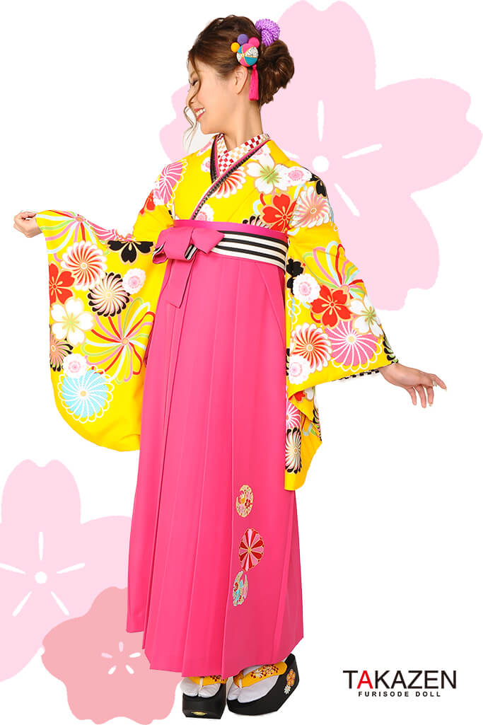 TAKAZENのレンタル袴 レトロポップ　黄色/ピンク/ビタミンカラー　花柄　派手　目立つ　ポップ【通販可】RY016