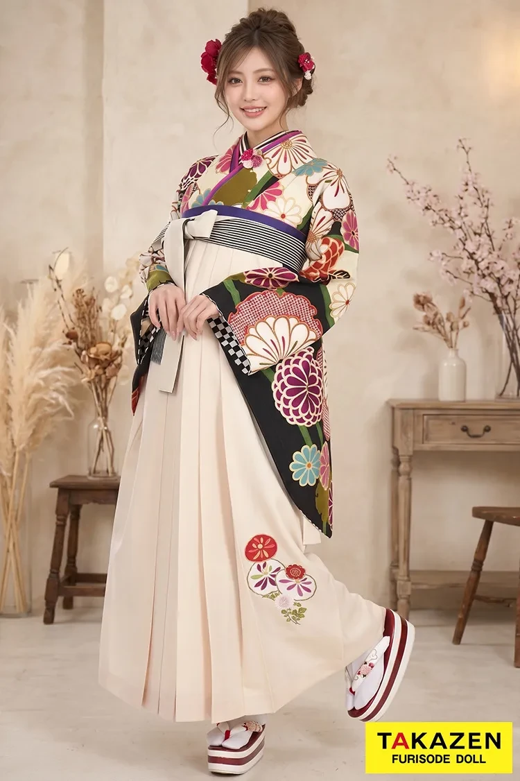 TAKAZENのレンタル袴 JAPANSTYLE×中村里砂ブランド袴　グリーン/緑色　菊柄　人気　個性的　レトロモダン【通販可】RY027
