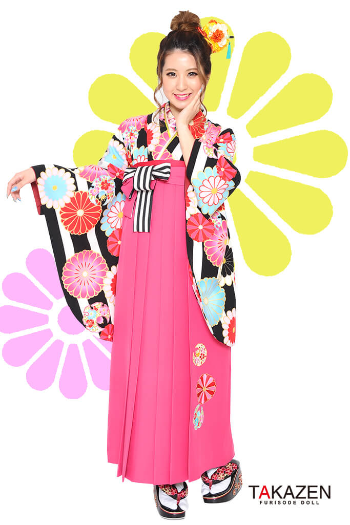 TAKAZENのレンタル袴 レトロポップ　白/黒/ピンク　ストライプ/花柄　かわいい　派手　目立つ【通販可】RY032
