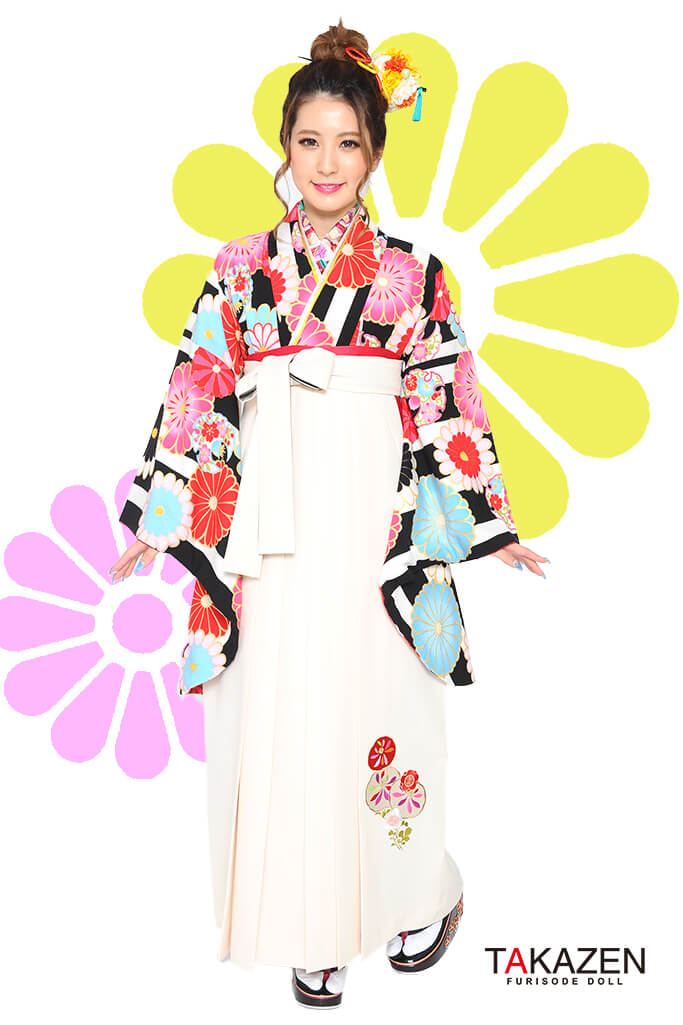 TAKAZENのレンタル袴 レトロポップ　白/黒/ピンク　ストライプ/花柄　かわいい　派手　目立つ【通販可】RY032