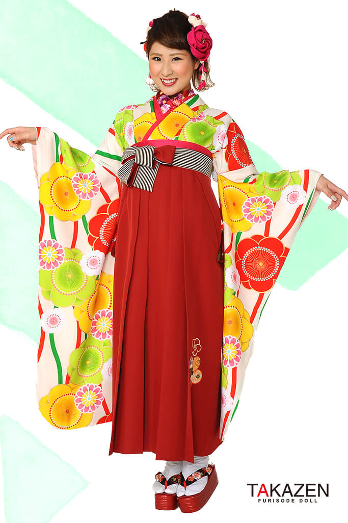 TAKAZENのレンタル袴 レトロ　黄色/赤/白/ビタミンカラー　うめ柄　ポップ　華やか【通販可】RY040