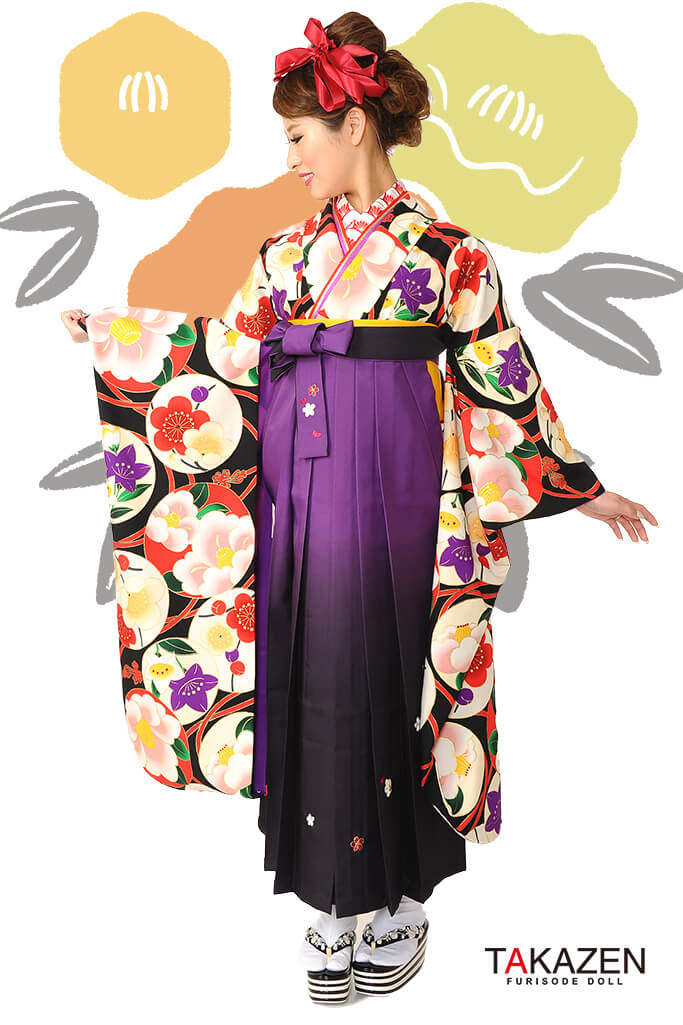 TAKAZENのレンタル袴 レトロモダン　黒/紫/赤　椿柄　大人っぽい　かっこいい【通販可】RY054