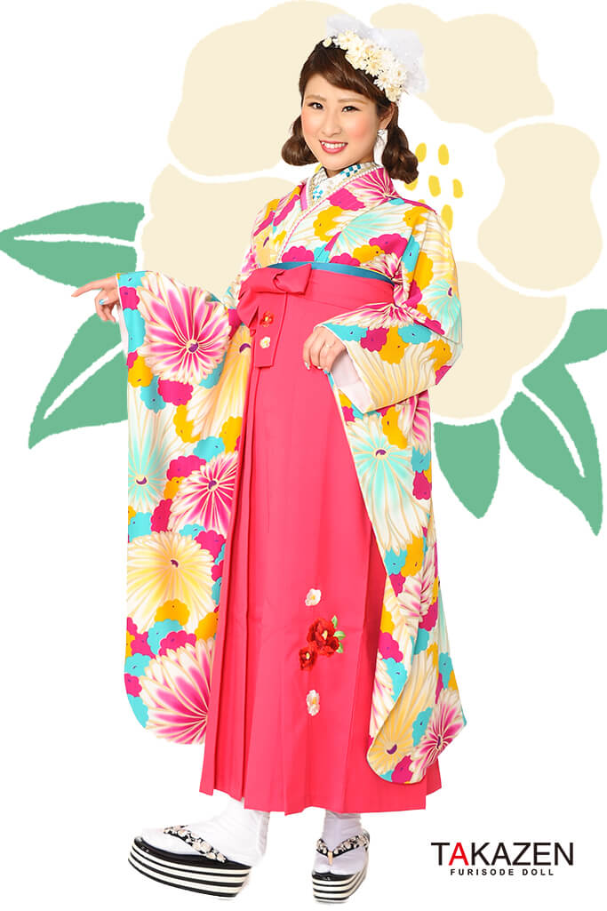 TAKAZENのレンタル袴 レトロ　ピンク/水色　菊柄　総柄　派手　ポップ　かわいい　【通販可】RY057