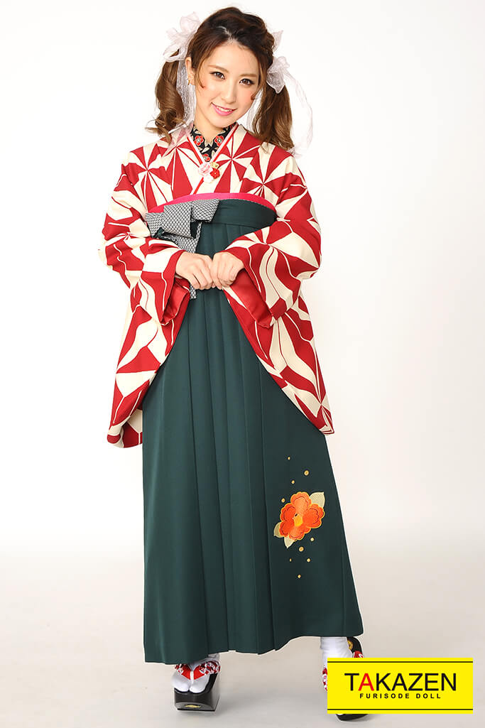 TAKAZENのレンタル袴 正統派古典　赤/白　麻の葉模様　シンプル　清楚【通販可】RY068　
