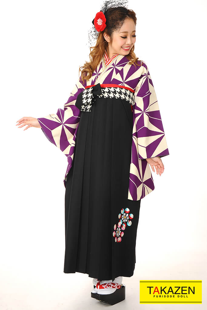 TAKAZENのレンタル袴 正統派古典　紫/白　麻の葉柄　シンプル　個性的　大人っぽい【通販可】RY069