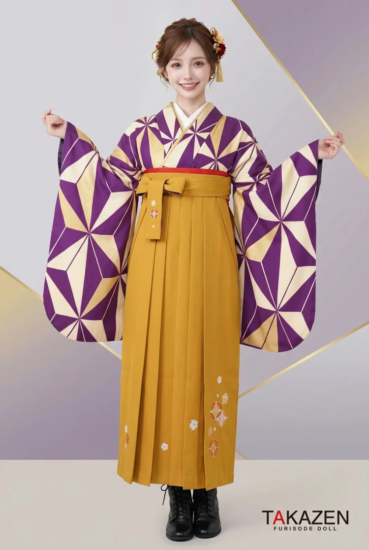 TAKAZENのレンタル袴 正統派古典 紫/白 麻の葉柄 シンプル 個性的 大人っぽい【通販可】RY069