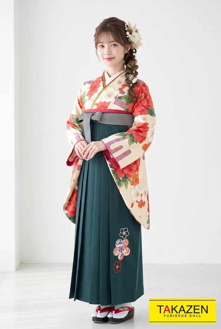 TAKAZENのレンタル袴 正統派古典　クリーム/サーモンピンク　牡丹柄　大柄　豪華　華やか【通販可】RY077