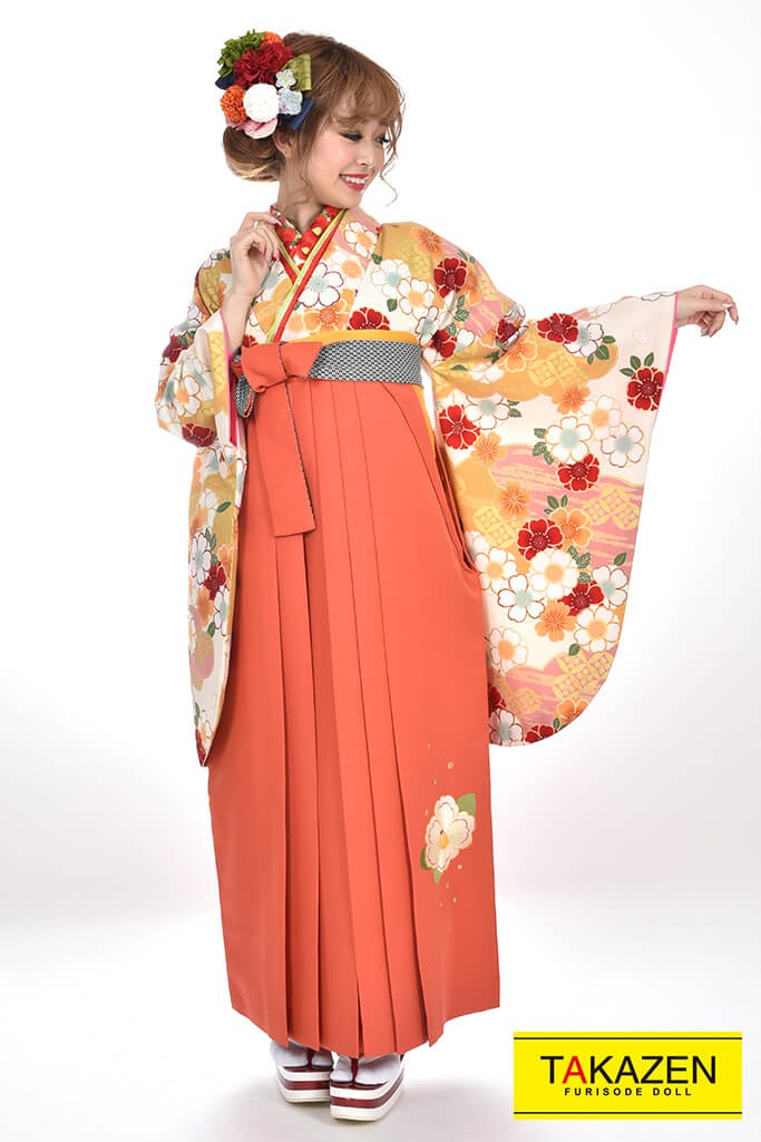 TAKAZENのレンタル袴 正統派古典　白/ピンク/オレンジ/淡い色　サクラ柄/小花　かわいい　清楚【通販可】RY080