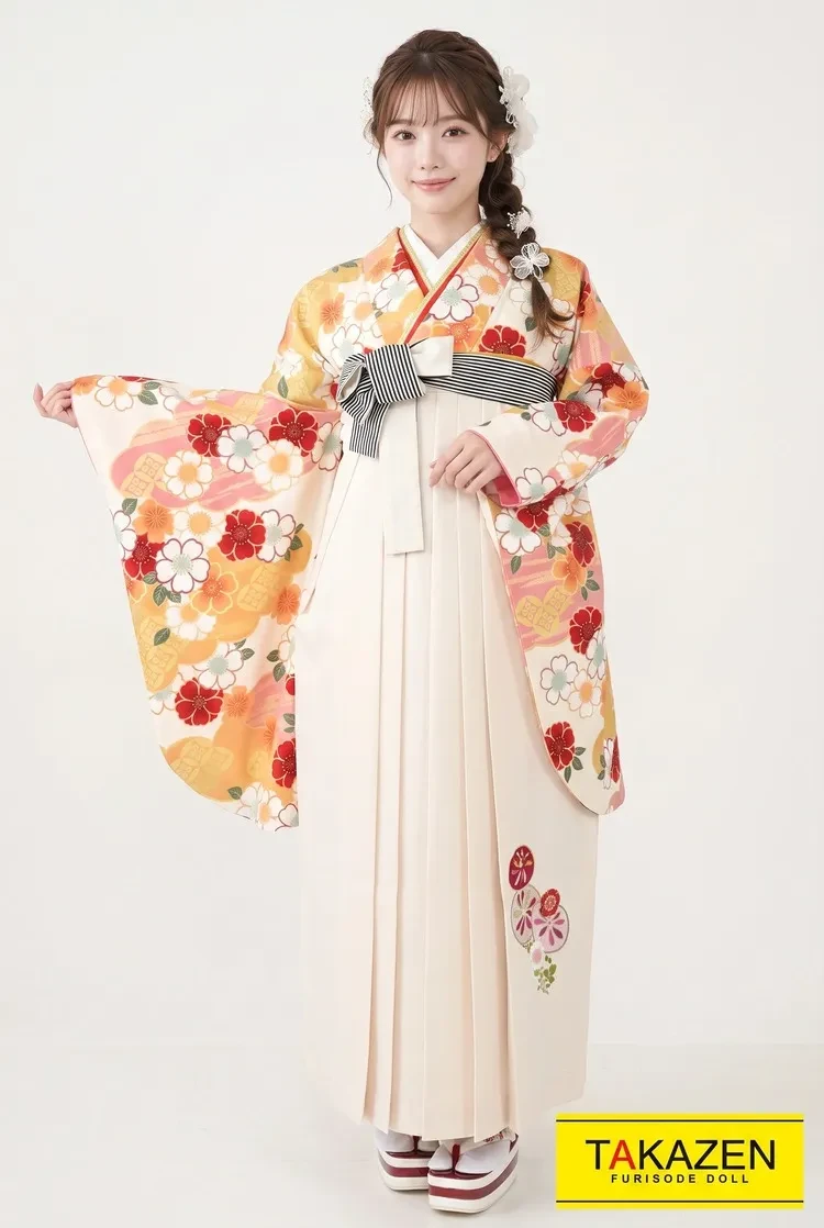 TAKAZENのレンタル袴 正統派古典　白/ピンク/オレンジ/淡い色　サクラ柄/小花　かわいい　清楚【通販可】RY080