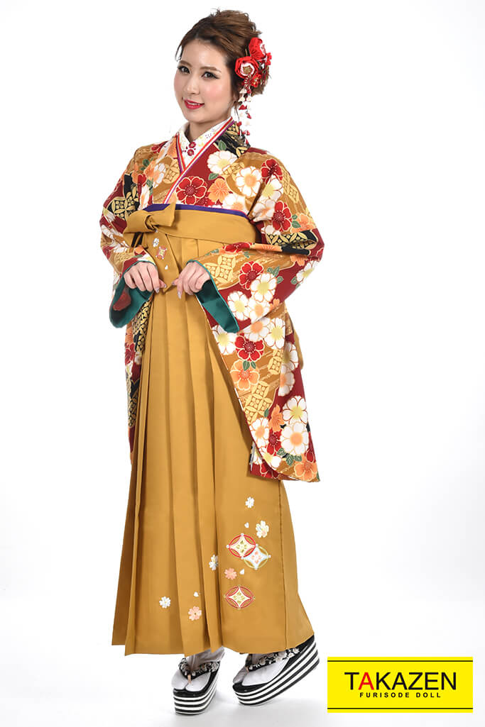 TAKAZENのレンタル袴 正統派古典　赤/オレンジ　小花柄　人気　定番　【通販可】RY082