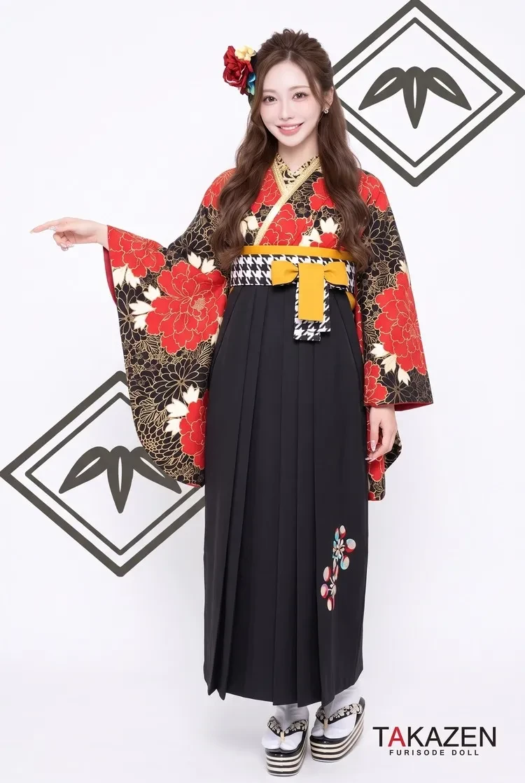 TAKAZENのレンタル袴 ジャパンモード 黒/赤 牡丹柄/総柄 人気 カッコイイ 派手 目立つ 渋い【通販可】RY096