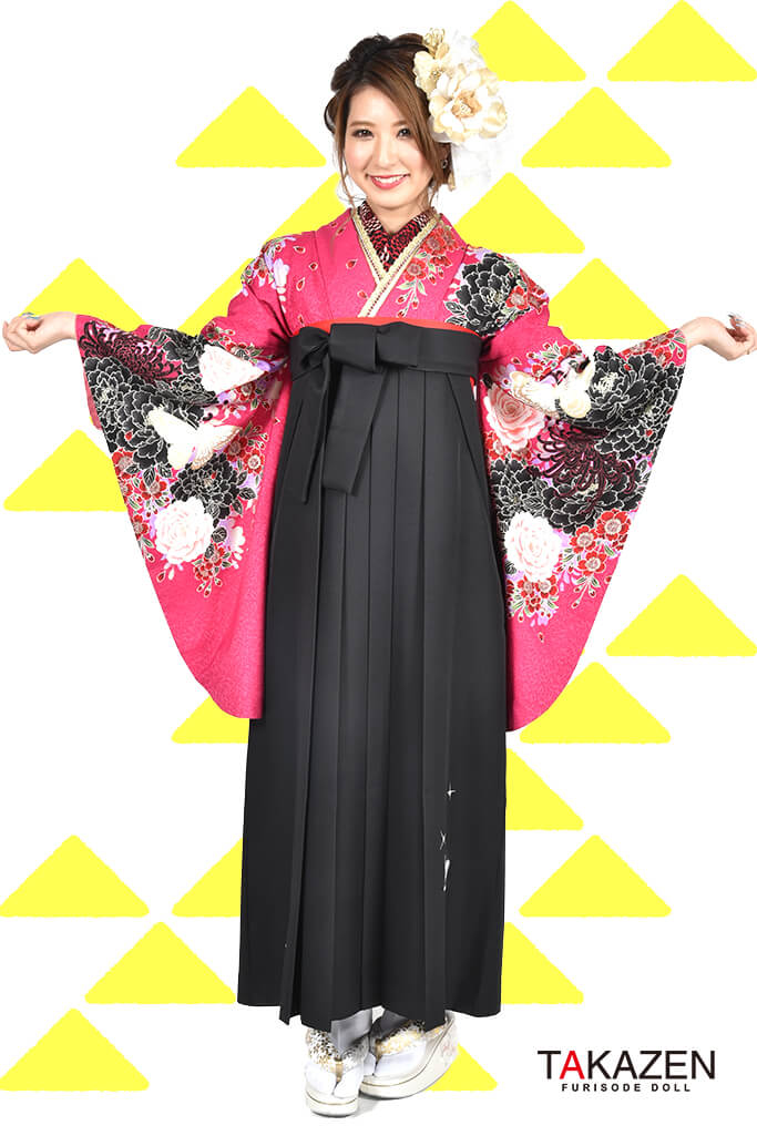 TAKAZENのレンタル袴 かっこいい　ショッキングピンク　蝶々柄　ギャル　派手　可愛い　目立つ【通販可】RY101