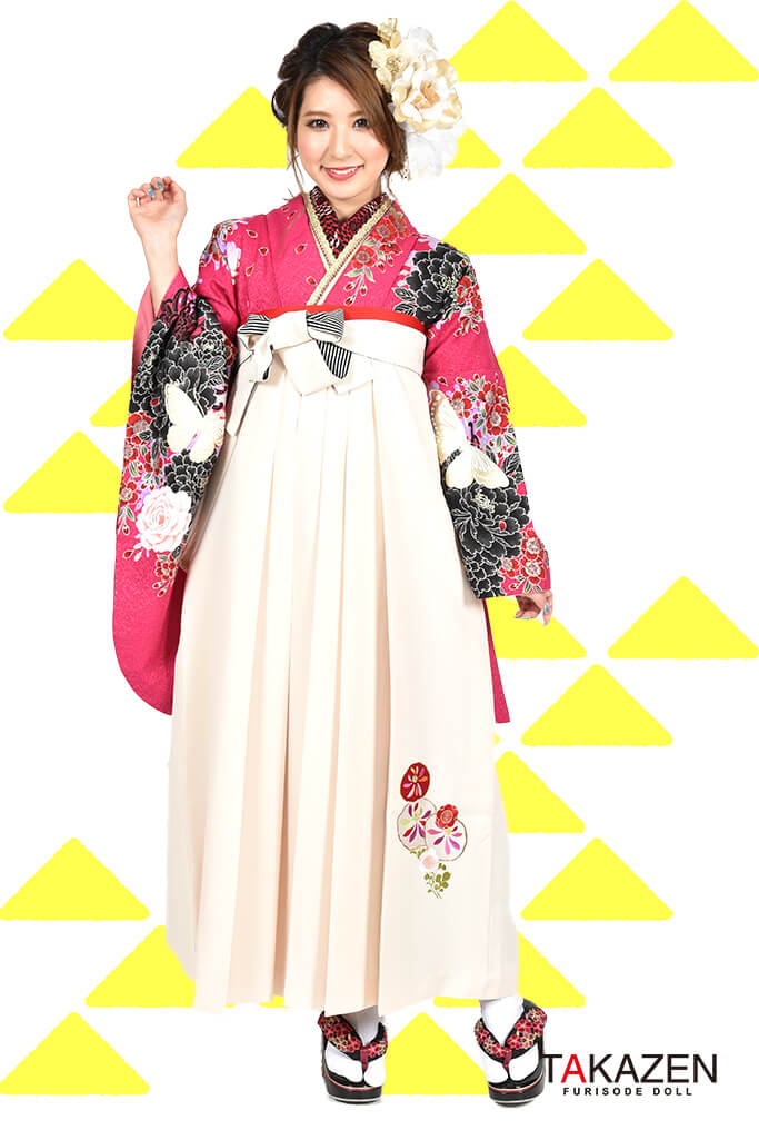 TAKAZENのレンタル袴 かっこいい　ショッキングピンク　蝶々柄　ギャル　派手　可愛い　目立つ【通販可】RY101