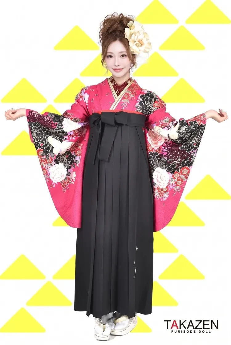TAKAZENのレンタル袴 かっこいい ショッキングピンク 蝶々柄 ギャル 派手 可愛い 目立つ【通販可】RY101