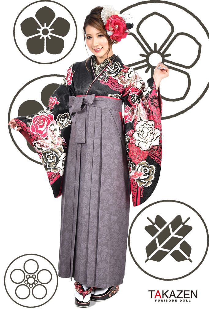 TAKAZENのレンタル袴 グラマラス　黒/ピンク　バラ柄　派手可愛い　ギャル【通販可】RY102