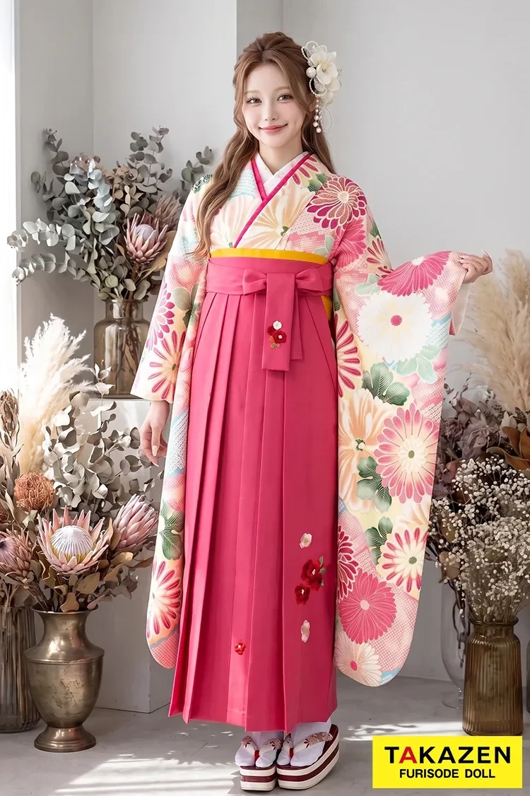 TAKAZENのレンタル袴 レトロ　ピンク/ブルー(水色)/くすみカラー　総柄/菊柄　レトロポップ　かわいい【通販可】RY114