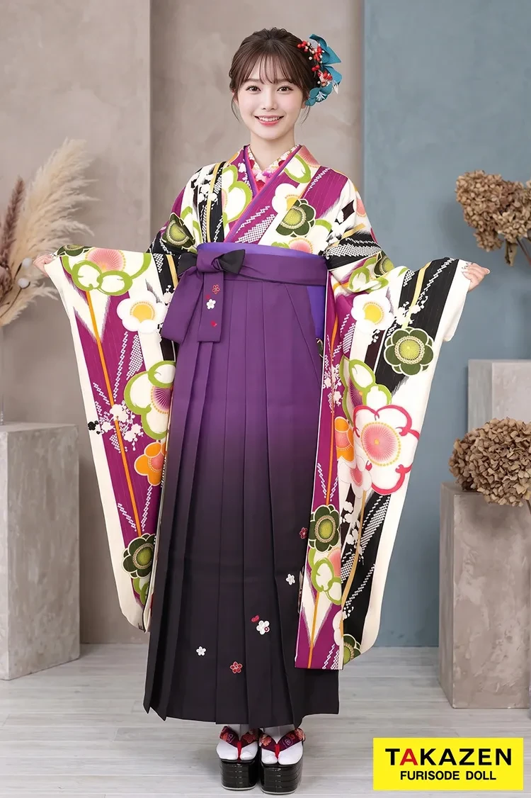 TAKAZENのレンタル袴 レトロ　白/黒/紫　梅柄/矢絣柄　古典柄　大人っぽい　上品【通販可】RY115