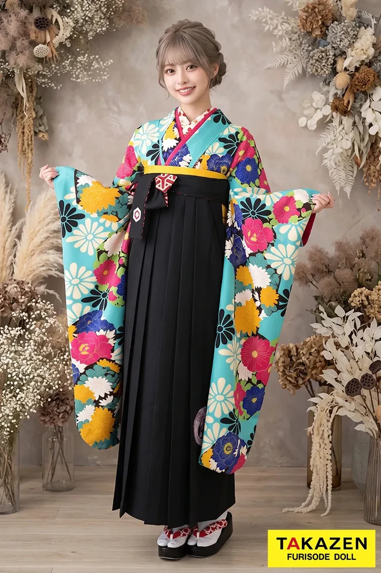 TAKAZENのレンタル袴 レトロモダン　ブルー(水色)/黄/ピンク　菊柄　派手　華やか【通販可】RY124