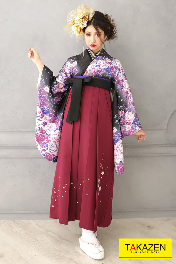TAKAZENのレンタル袴 かっこいい系　黒/紫　ボタン柄　クール　柄小さめ　グラデーション【通販可】RY127