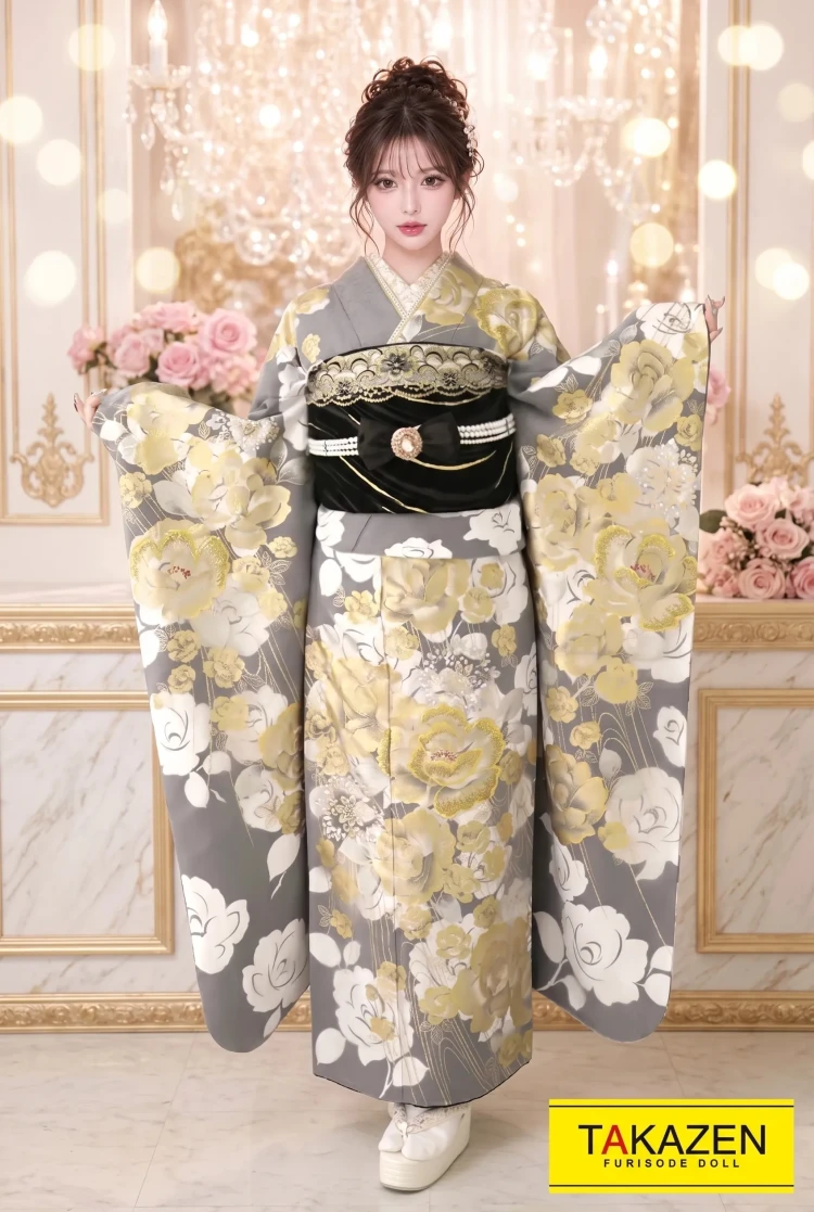 TAKAZENのレンタル振袖 ヘップバーン　グレー/白/金　薔薇柄　レース素材　高級　二重紗振袖　豪華　スワロフスキー付き　世界に一着の振袖♡【通販可】Y1002
