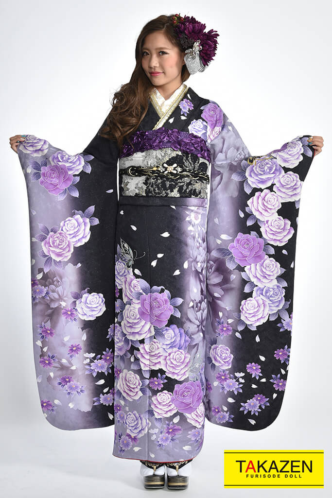 成人式振袖 レンタルフルセット 通販可 人気カッコイイモード 安い 黒 紫 Y7015 安カワ 激安 格安振袖 振袖 袴レンタルなら Takazen 大阪 心斎橋 堺 兵庫 神戸 奈良の店舗へ