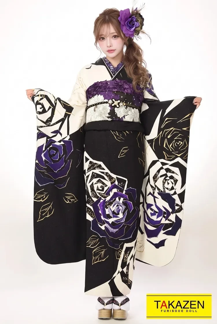TAKAZENのレンタル振袖 激安モード 白/黒/紫 バラ柄 人気振袖 お得 格安フルセット セクシー 【通販可】Y7019