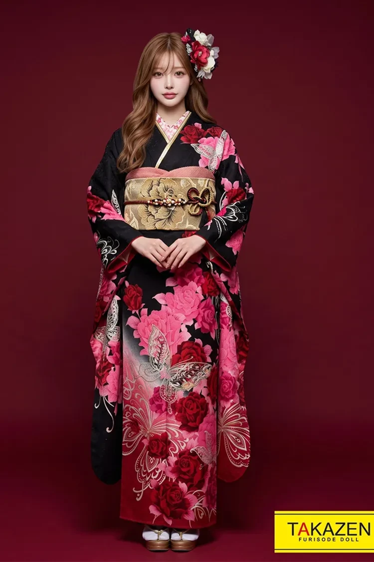 TAKAZENのレンタル振袖 安いかっこいい系　黒/ピンク　バラ柄/蝶々柄　派手　かわいい　モード系振袖　格安　プチプラ【通販可】Y8018