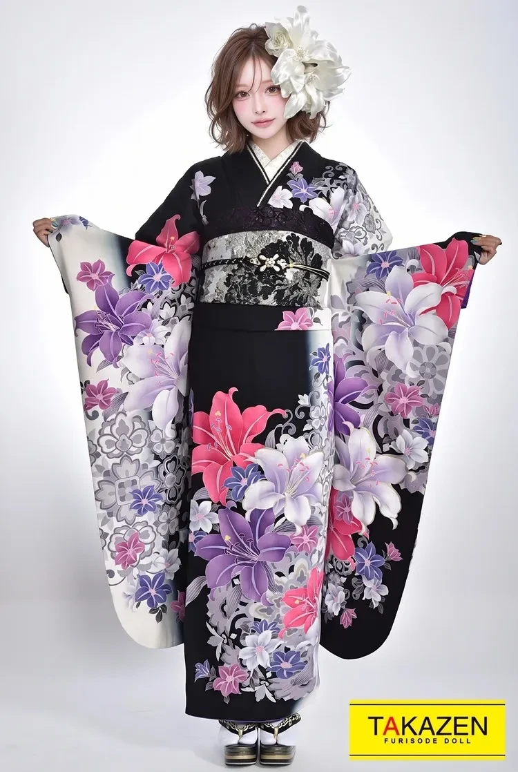 TAKAZENのレンタル振袖 安いモード 黒/紫 百合柄 大人っぽい かっこいい クール系系振袖 格安プライス【通販可】 Y8019