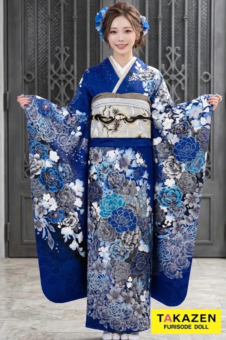 TAKAZENのレンタル振袖 お得!クール系 ブルー(青)/黒 牡丹柄 派手 人気 エレガント かっこいい振袖 桂由美デザイン【通販可】YK0007