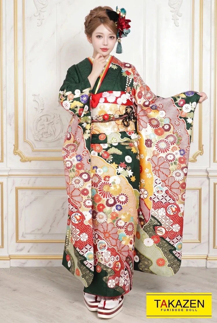 TAKAZENのレンタル振袖 正統派古典 緑/赤 和柄/柄多め 人気 定番 清楚振袖 小柄かわいい【通販可】YK0085