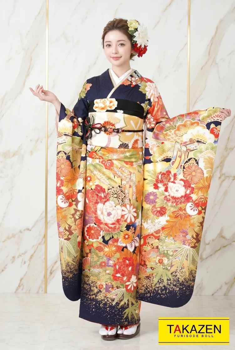 TAKAZENのレンタル振袖 正統派古典 紺/ゴールド(金) ボタン柄 豪華 目立つ 高級金彩古典振袖 煌びやか【通販可】YK0087
