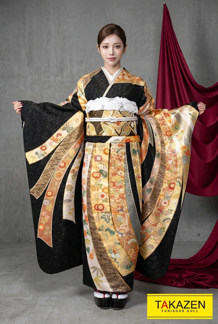 TAKAZENのレンタル振袖 ジャパンモード　黒/ゴールド(金色)　熨斗柄　最高級　豪華　上品　ラメ入り生地　ゴージャス【通販可】YK0089