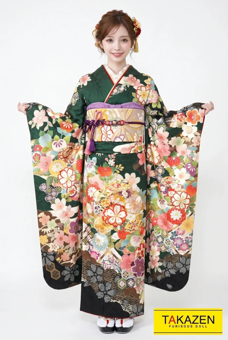 TAKAZENのレンタル振袖 正統派古典 深緑/グリーン(緑色) 桜柄 上品 豪華 大人っぽい古典振袖 定番人気 かわいい【通販可】YK0105