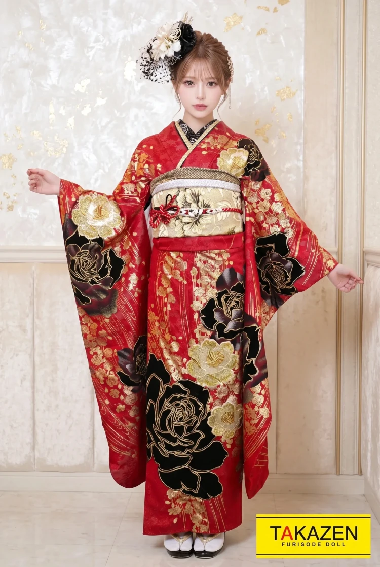 TAKAZENのレンタル振袖 ヘップバーン 赤/黒/ゴールド バラ柄 ベルベット素材 豪華 派手目立つエレガント振袖 スワロフスキー付き【通販可】YK0119