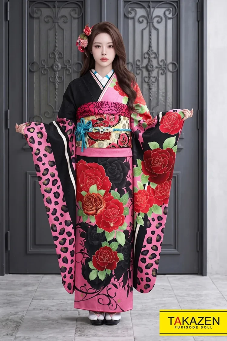 TAKAZENのレンタル振袖 モード 黒/ピンク ヒョウ柄 大人気 派手かわいい振袖 目立つ ギャル系【通販可】 YK0122