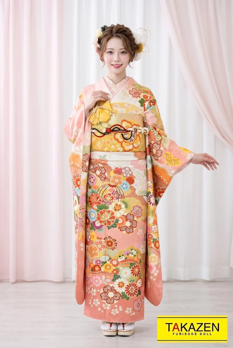 TAKAZENのレンタル振袖 吉澤織物正統派古典 白/ピンク 毬柄/牡丹柄 高級 上品 古風振袖 おしとやか かわいい はんなり【通販可】YK0127