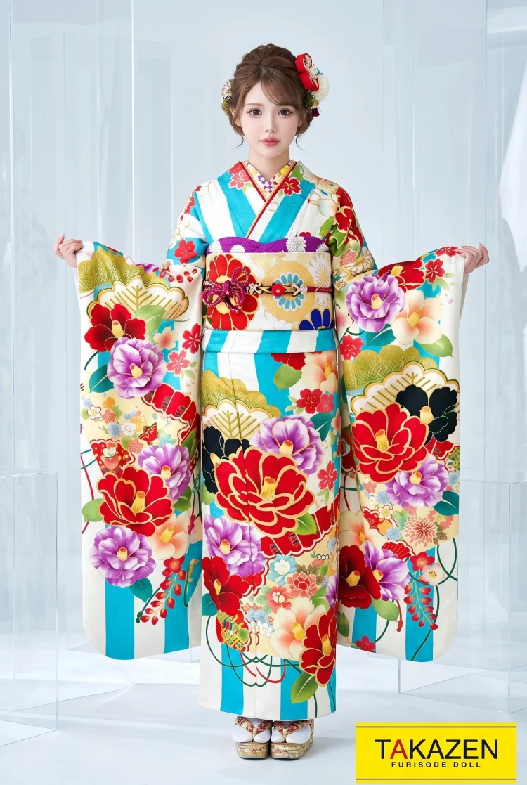 TAKAZENのレンタル振袖 レトロ　水色/赤/クリーム　ストライプ柄　ポップ　個性的　古典振袖　かわいい　目立つ【通販可】YK0134