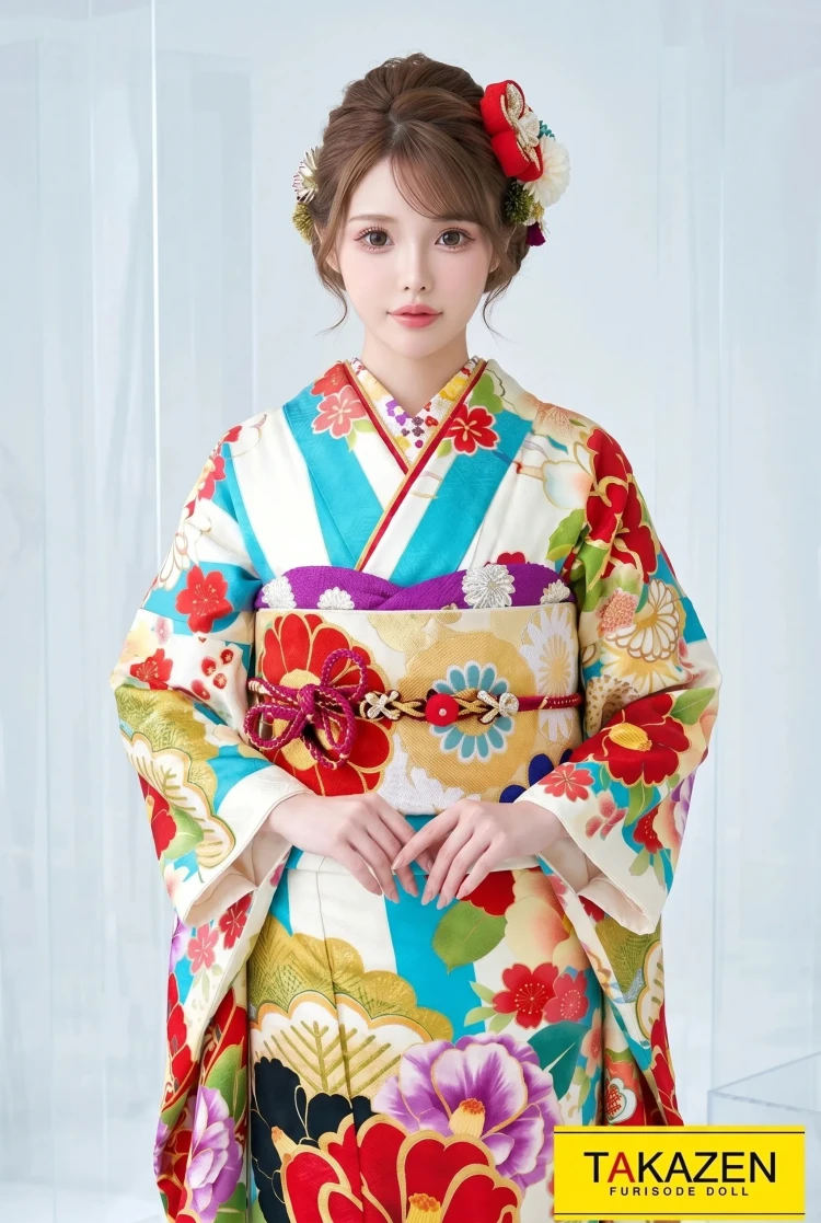 TAKAZENのレンタル振袖 レトロ　水色/赤/クリーム　ストライプ柄　ポップ　個性的　古典振袖　かわいい　目立つ【通販可】YK0134
