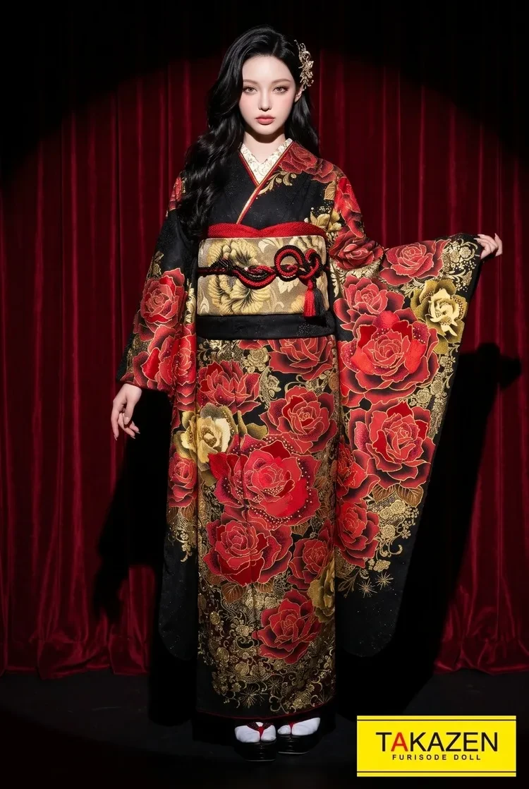 TAKAZENのレンタル振袖 クリスタル＆モード　黒/赤/ゴールド(金色)　薔薇柄　高級　1番目立つ振袖　キラキラスワロフスキー付き　ゴージャス　派手【通販可】YK0140