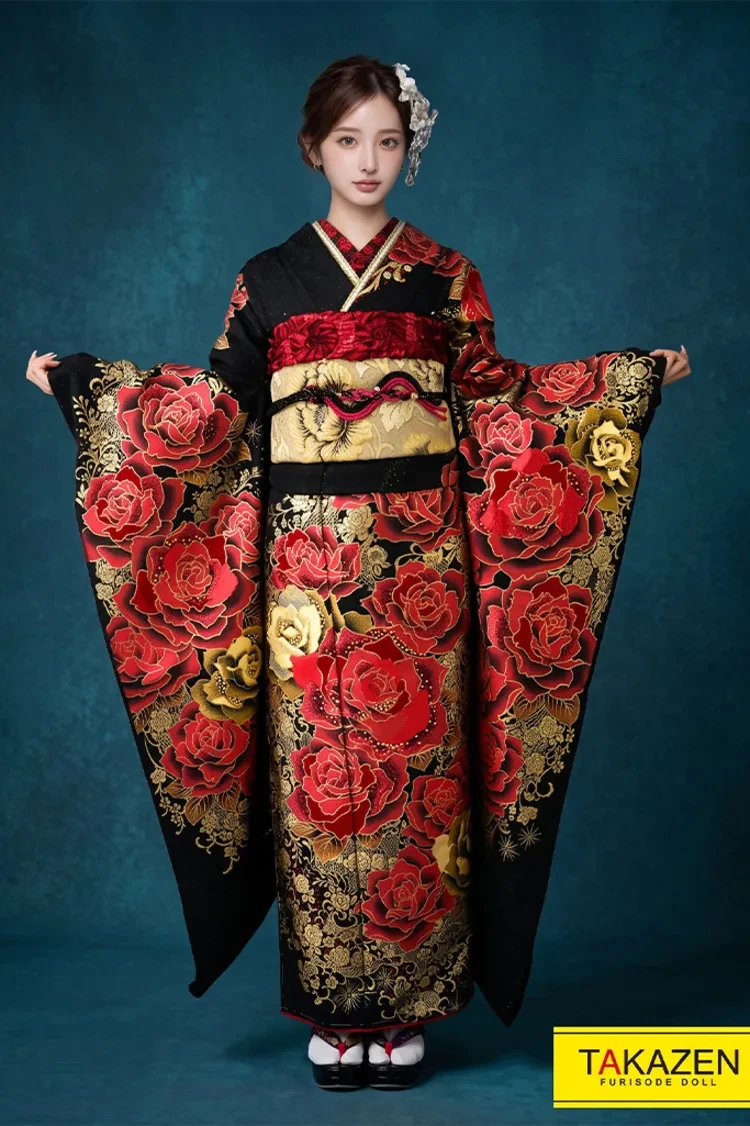 TAKAZENのレンタル振袖 クリスタル&モード 黒/赤/ゴールド(金色) 薔薇柄 高級 1番目立つ振袖 キラキラスワロフスキー付き ゴージャス 派手【通販可】YK0140