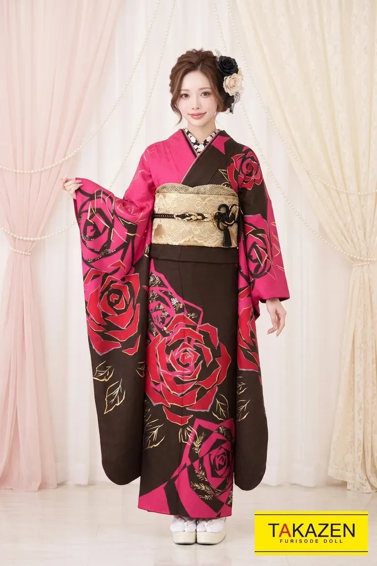 TAKAZENのレンタル振袖 格安モード 茶/ピンク 薔薇柄/大柄 人気 派手 目立つモード振袖 格安フルセット【通販可】YK0141