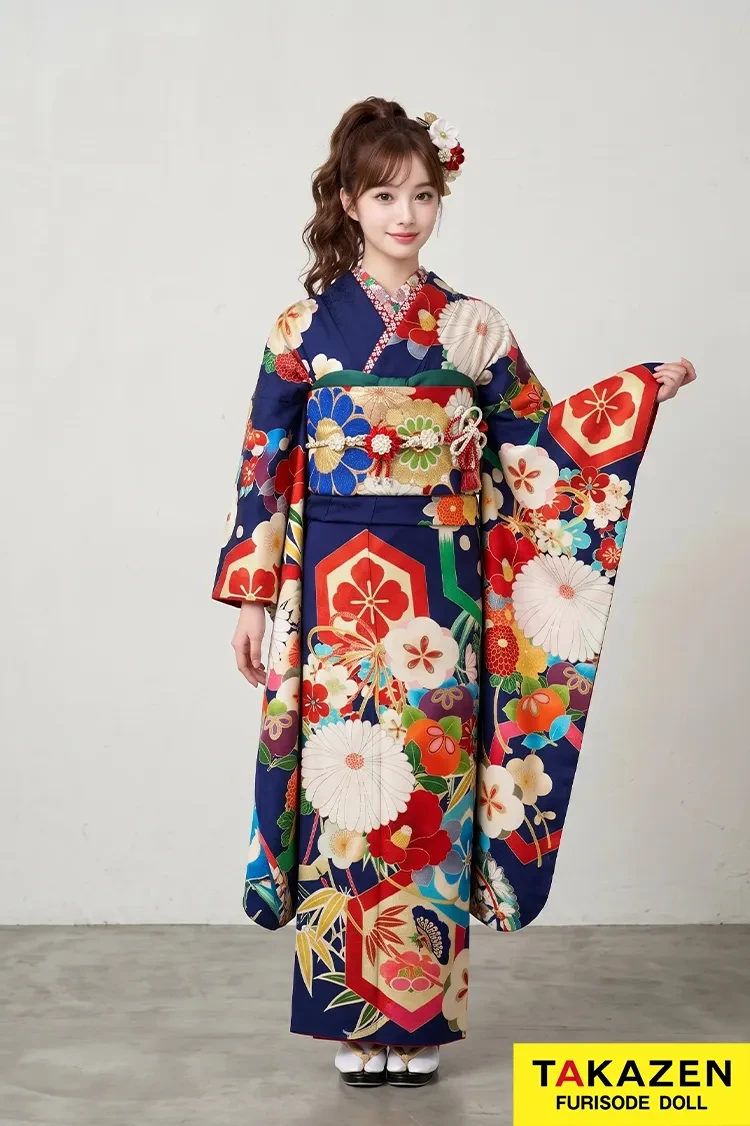 正統派古典 紺/白/ブルー(青色)個性的 菊柄/亀甲柄 大正ロマン レトロ