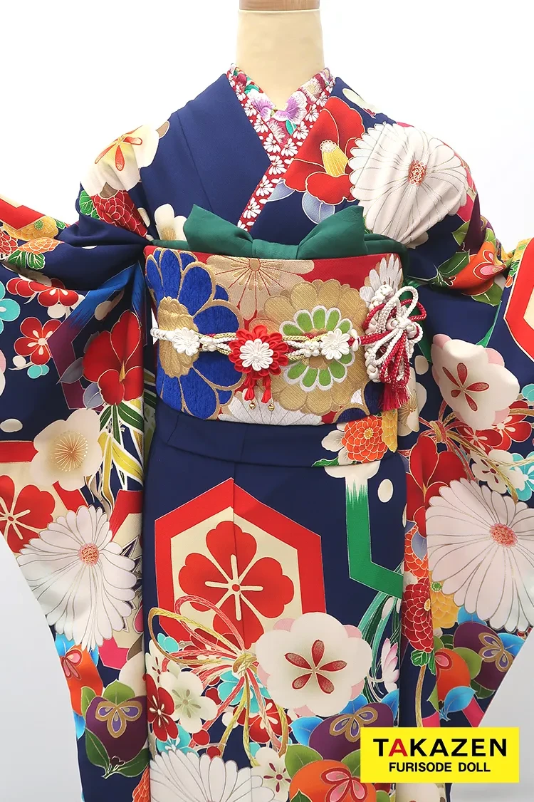 正統派古典 紺/白/ブルー(青色)個性的 菊柄/亀甲柄 大正ロマン レトロ