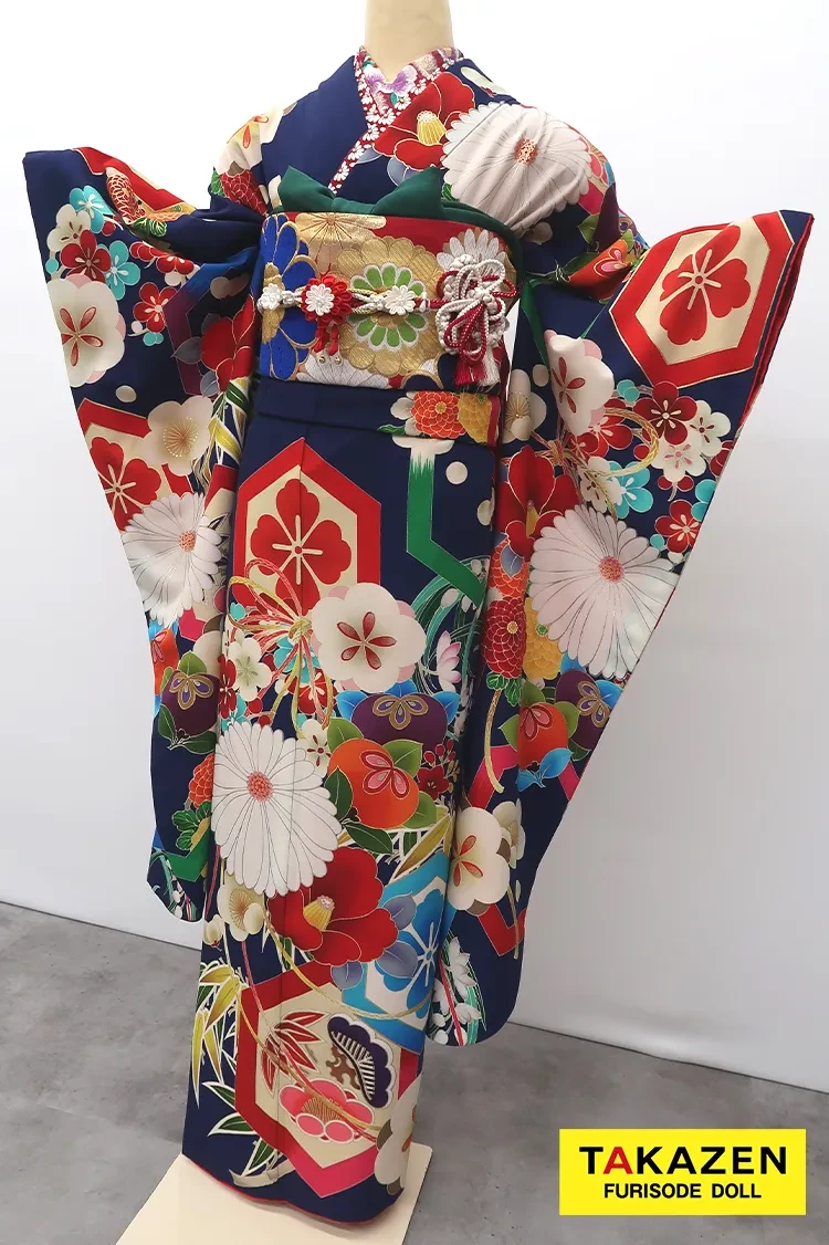 正統派古典 紺/白/ブルー(青色)個性的 菊柄/亀甲柄 大正ロマン レトロ