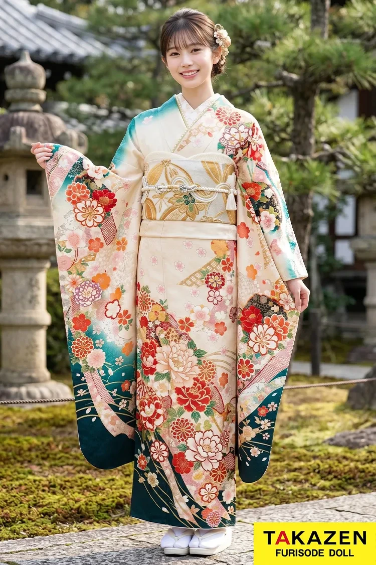 TAKAZENのレンタル振袖 安い！正統派古典　白/グリーン(緑色)　牡丹柄　綺麗　グラデージョン　振袖　上品振袖　格安価格【通販可】32174