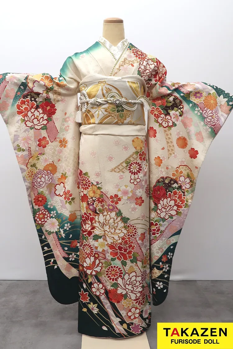 安い！正統派古典 白/グリーン(緑色) 牡丹柄 綺麗 グラデージョン 振袖