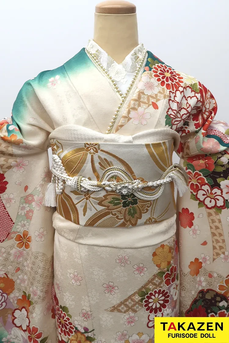 安い！正統派古典 白/グリーン(緑色) 牡丹柄 綺麗 グラデージョン 振袖
