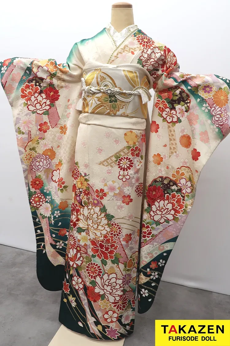 安い！正統派古典 白/グリーン(緑色) 牡丹柄 綺麗 グラデージョン 振袖
