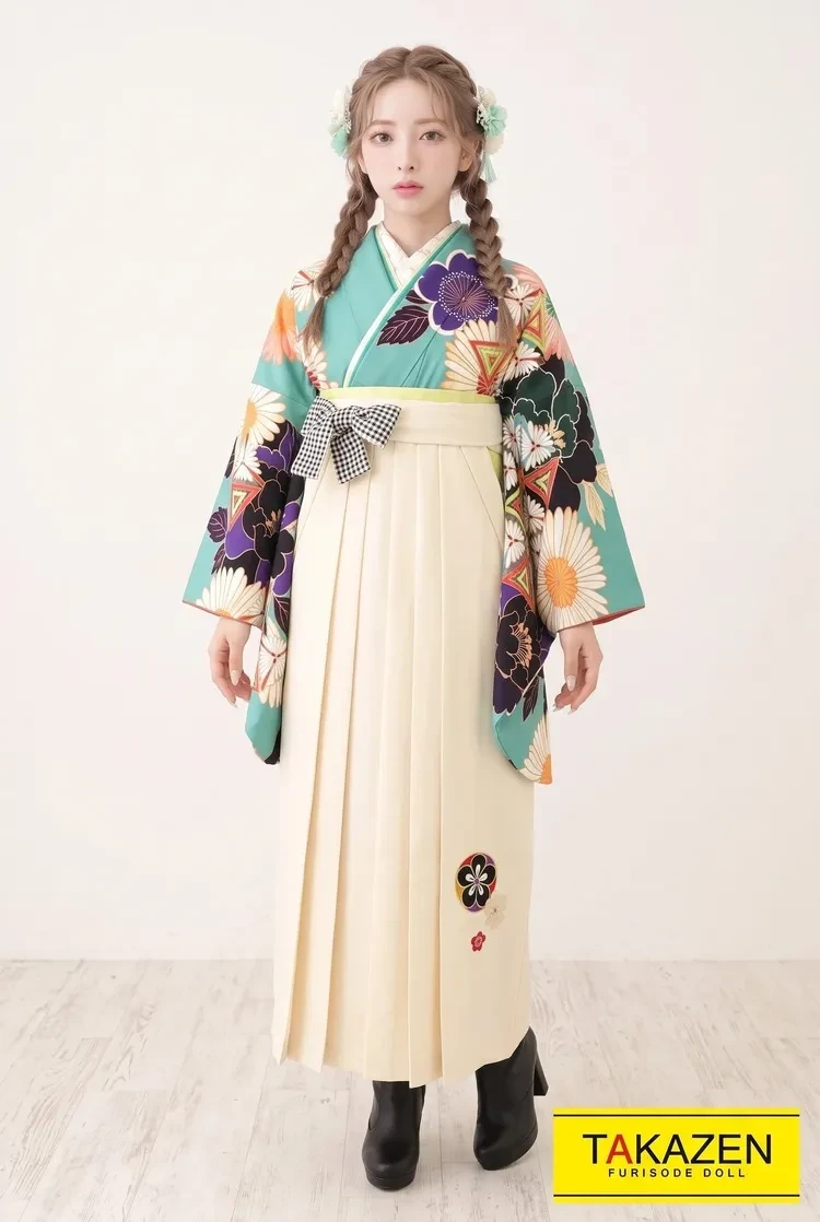 TAKAZENのレンタル袴 藤田ニコル(ニコるん) エメラルドグリーン(緑色) 菊柄 個性的 レトロポップ 華やか【通販可】R21055